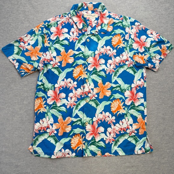 Tommy Bahama Shirt Mens Large Bright Blue Floral Hawaiian Aloha Loop Collar Silk - Picture 2 of 11